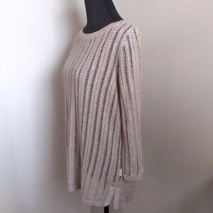 Talbots Open Knit Sweater Tunic Length Metalic Gold Beige Beach Festival Mermaid